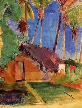Thatched Hut under Palm Trees